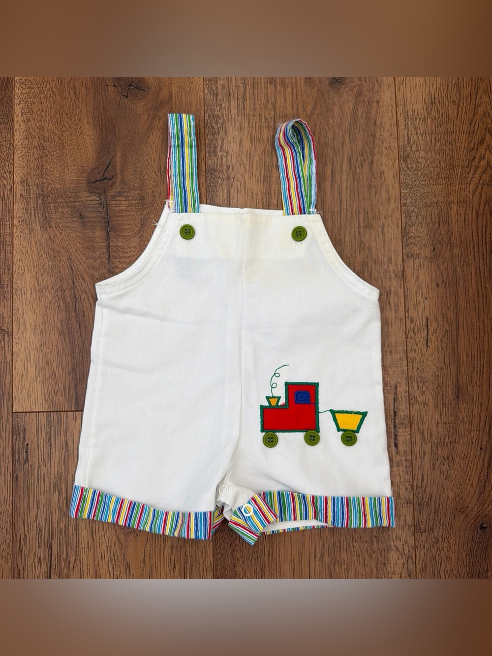 Vintage White Toddler Train Shortalls with Rainbow Trim